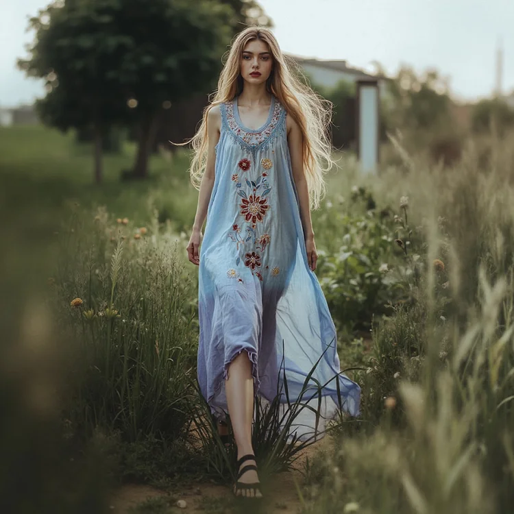 VChics Women's Boho Floral Art Linen Tank Dress
