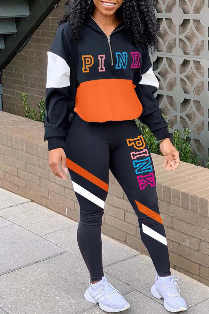 Black Casual Letter Print Patchwork Zipper Collar Long Sleeve Two Pieces