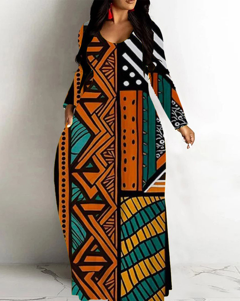 Retro Multicolor Tribal Print Loose Hem Long Sleeve Maxi Dress