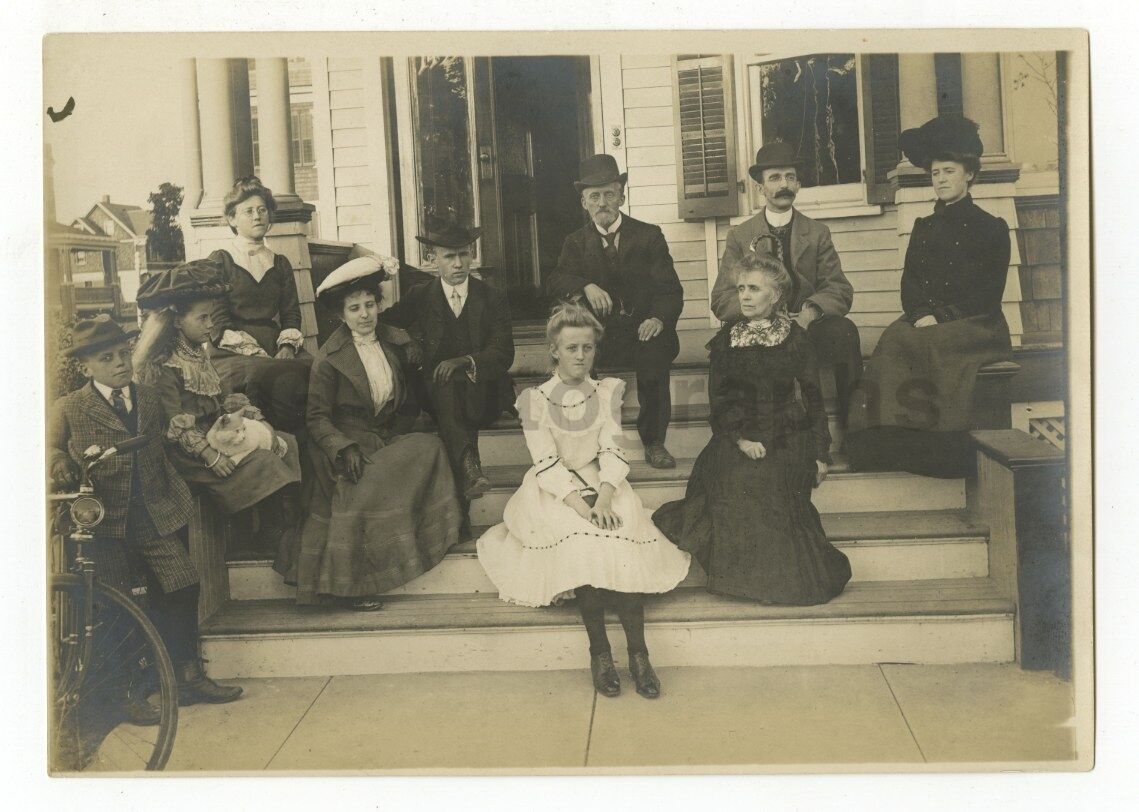 Vintage Silver Print Photo Poster paintinggraph of a Group or Family on Porch Steps