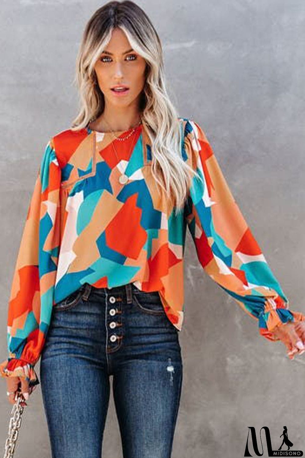 MidiSono - Abstract Pattern Crewneck Ruffled Puff Sleeve Blouse