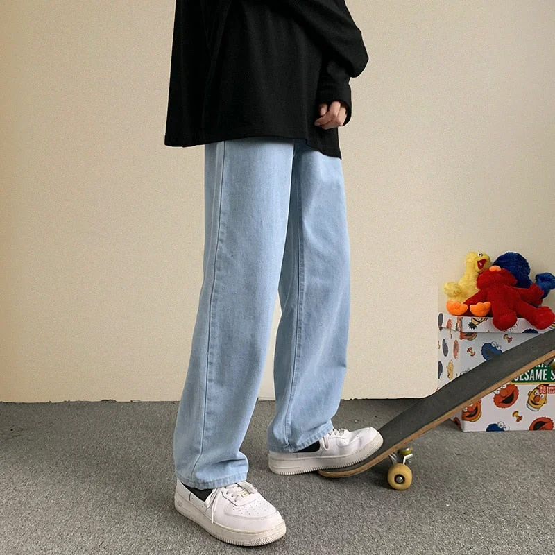 Aonga Korean Fashion Men Wide Leg Jeans 2022 Autumn New Streetwear Straight Baggy Denim Pants Male Brand Trousers