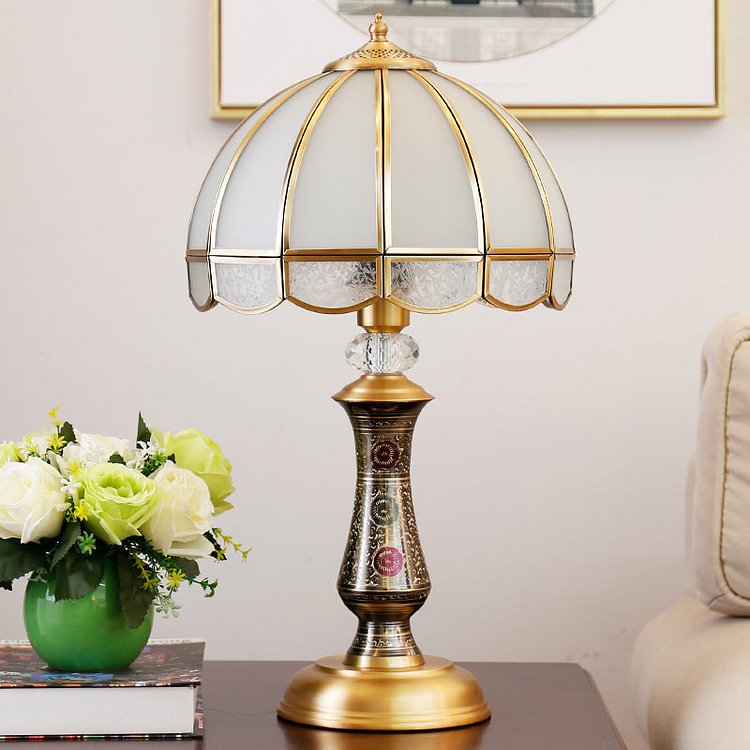 Single Dome Night Table Lamp Traditional Brass Opal Glass Nightstand Light with Scalloped Trim
