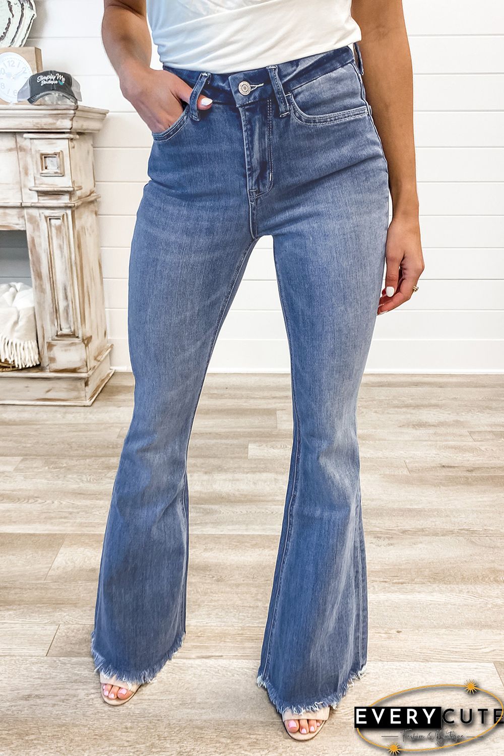 Medium Washed High Waist Flare Jeans with Raw Edges