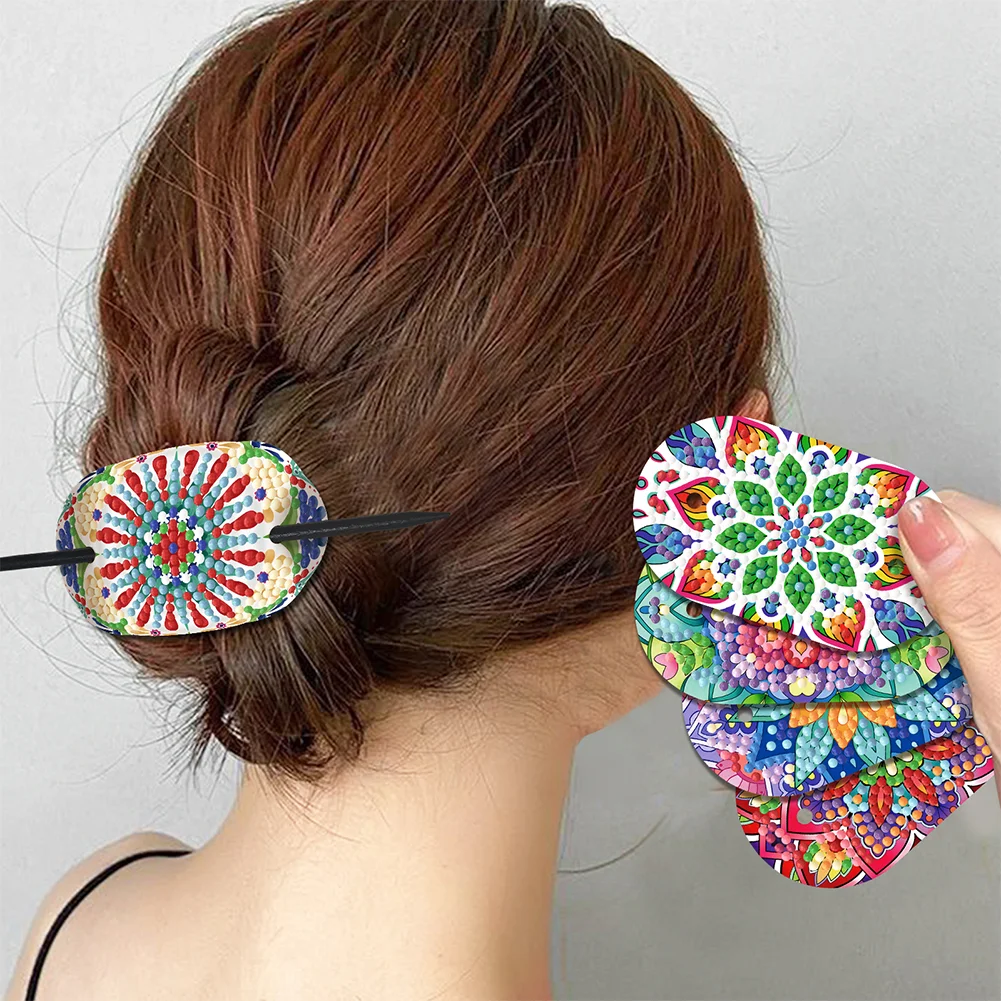 5Pcs PU Mandala Pattern 5D DIY Diamond Hair Sticks Crafts Gifts for Women Girls