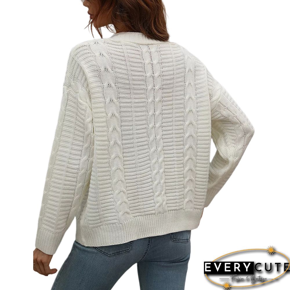 White Button Loose Cable Knitted Cardigan