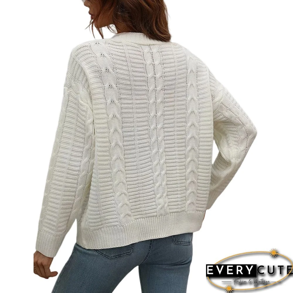 White Button Loose Cable Knitted Cardigan