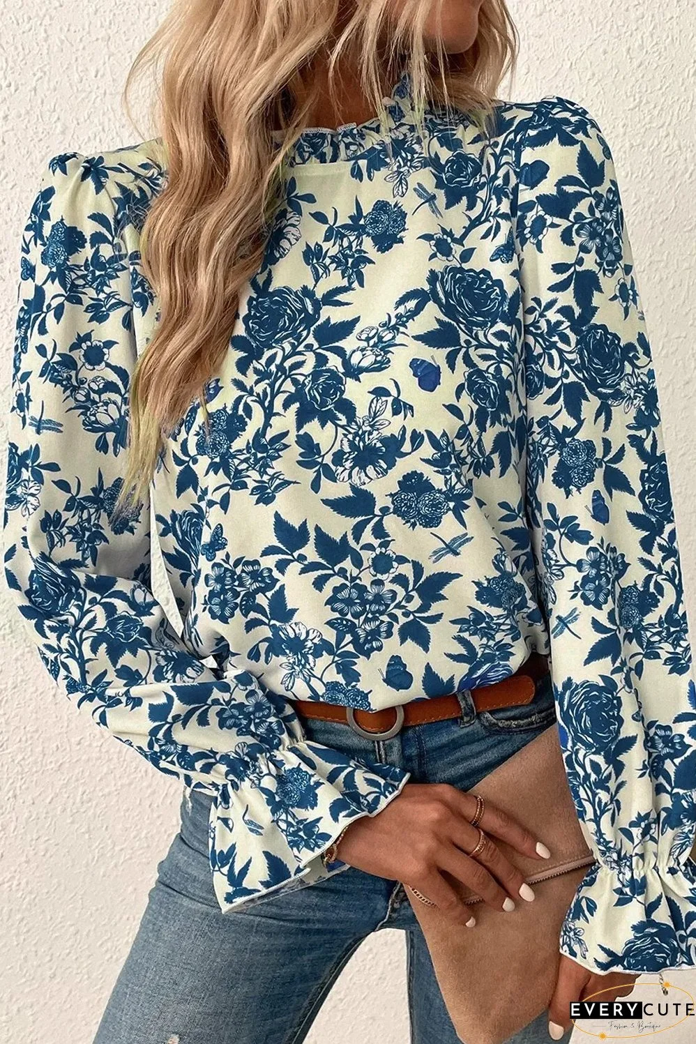 Sky Blue Floral Print Flounce Sleeve Keyhole Back Blouse