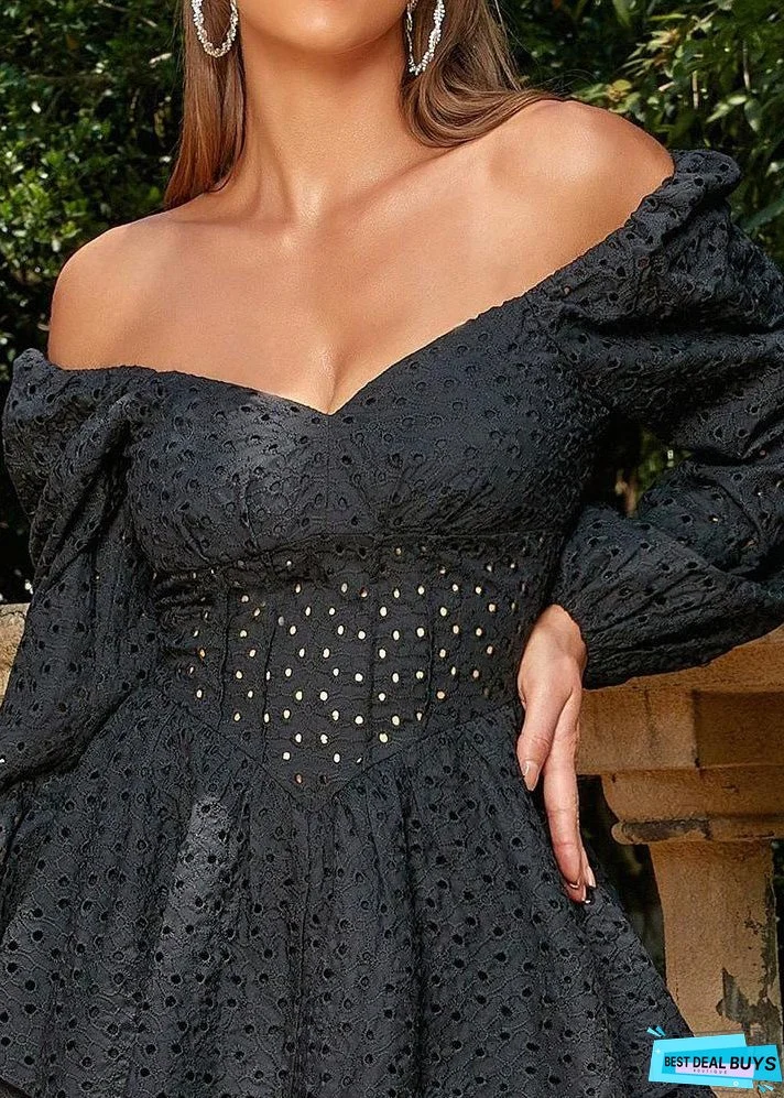 Sexy French One Shoulder Hollow Bubble Sleeve Short Dress