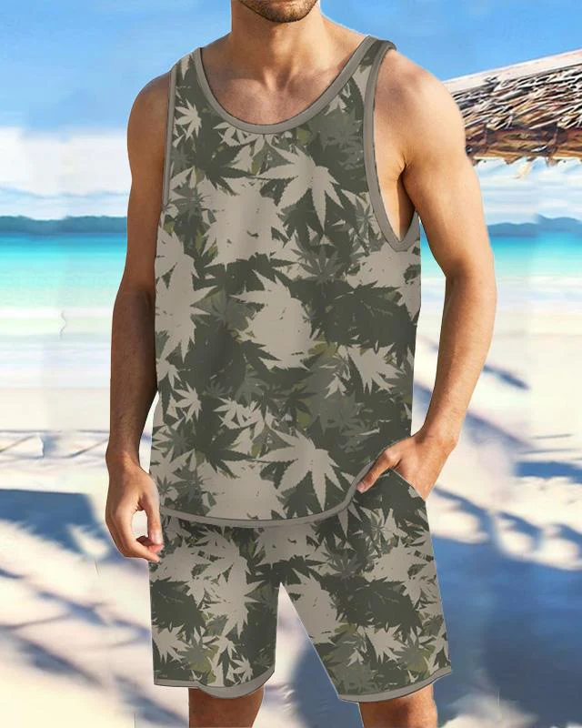 Men's Casual Resort Printed Vest Set 011