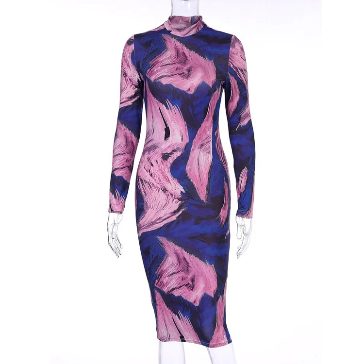 Hugcitar 2022 Long Sleeve Print Bodycon Sexy Dress Autumn Winter Women Party Elegant Slim Christmas Club Outfits