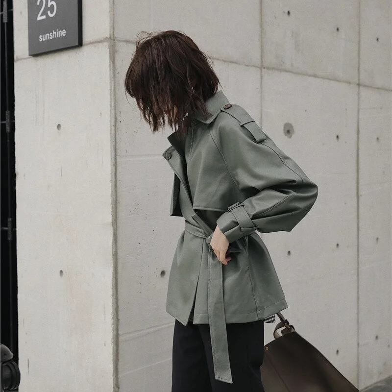 FTLZZ Spring Autumn 2021 Women New Casual Lapel Pu Jacket Coat Simplicity Loose Leather Jacket with Belt Office Lady