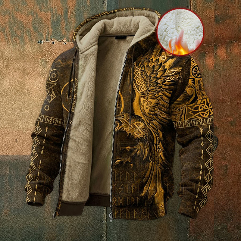Men's Viking Raven Rune Fleece Lined Warmth Zipper Jacket elevenforest