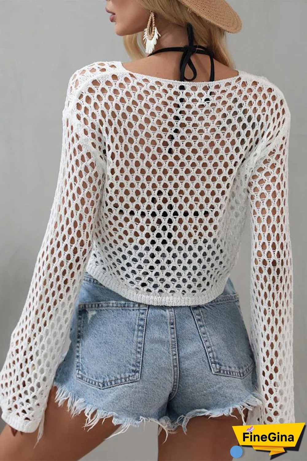 Scoop Neck Long Sleeve Top Hollow