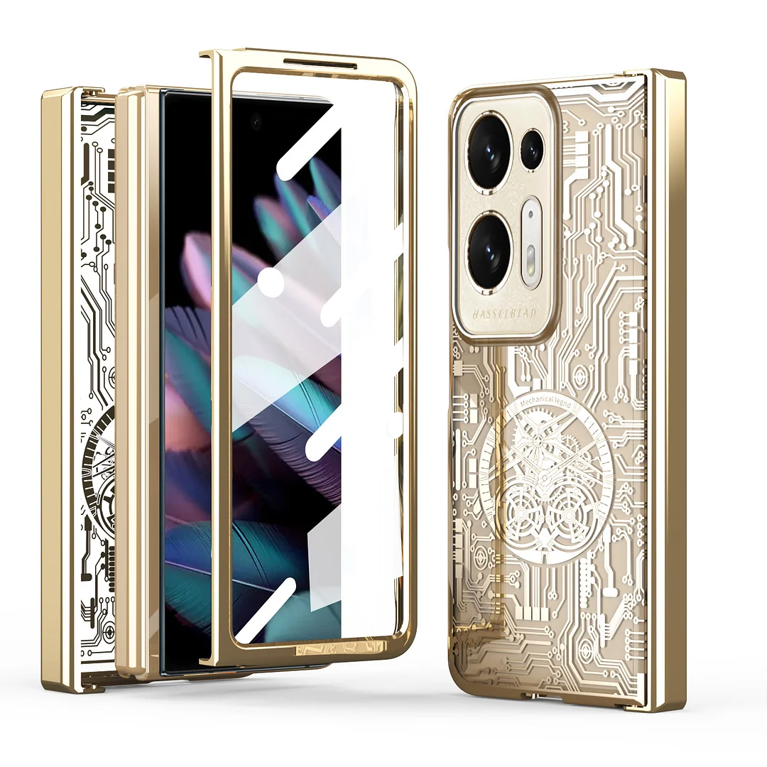Luxury Electroplated Transparent Mechanical Gears Phone Case With Hinge And Screen Protector For OPPO Find N2