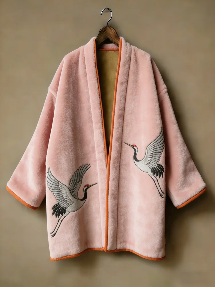 Flannel embroidered printed medium and long kimono cardigan