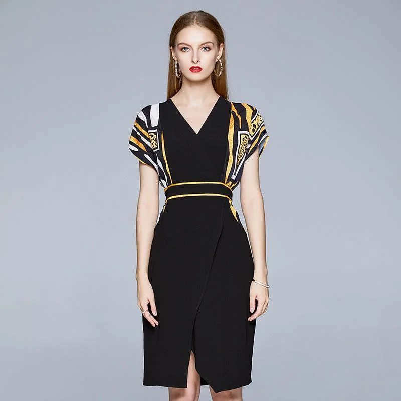 Fashion V-neck Printed Short Sleeve Slim Slit Retro Printed Dress