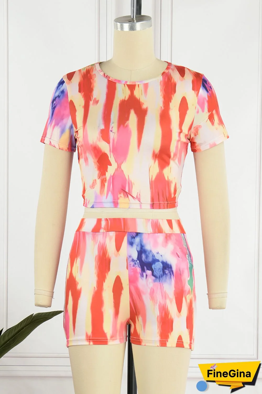 Red Casual Print Basic O Neck Short Sleeve Two Pieces