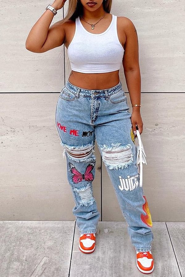 Digital Positioning Print Ripped Fashion Sexy Jeans