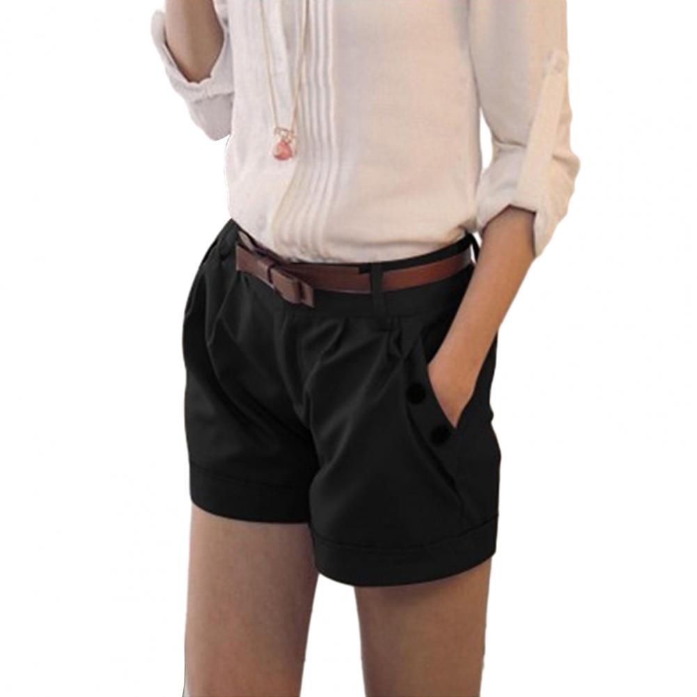 Karastik Women Summer Shorts Pocket Solid Color Straight Button Decor Above Knee Length High Waist Casual Women Short Pants Female