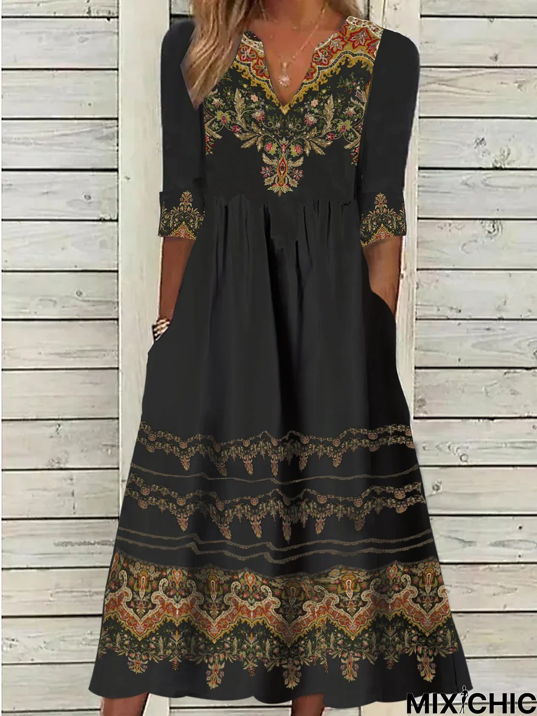 V Neck Ethnic Jersey Casual Dress