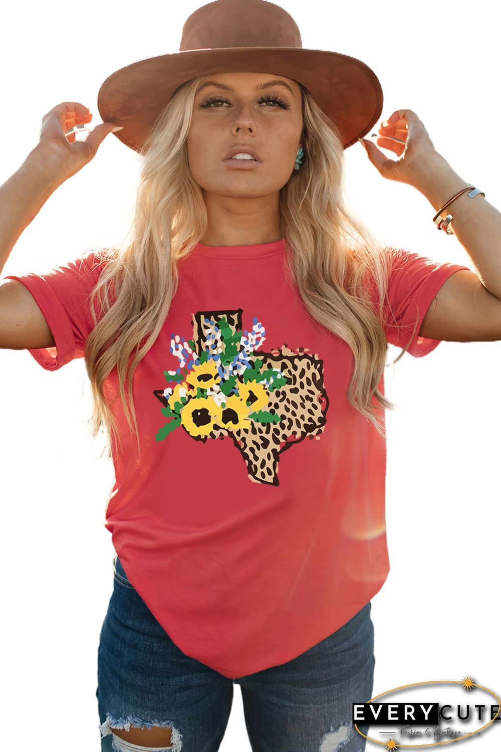 Red Leopard Sunflower Texas Print Graphic T Shirt