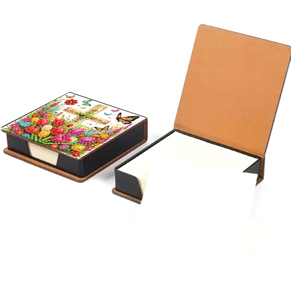 DIY Flower Cross Leather Diamond Art Note Box with 160 Sheets of Paper for Beginners