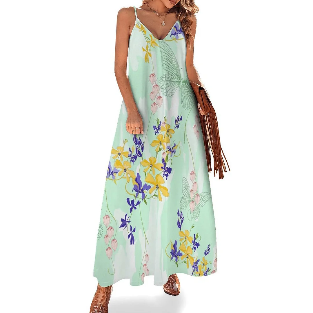 Style & Comfort for Mature Women Plus Size Printed Sling Casual Women Maxi Dress in Pattern Turquoise, Floral, Green