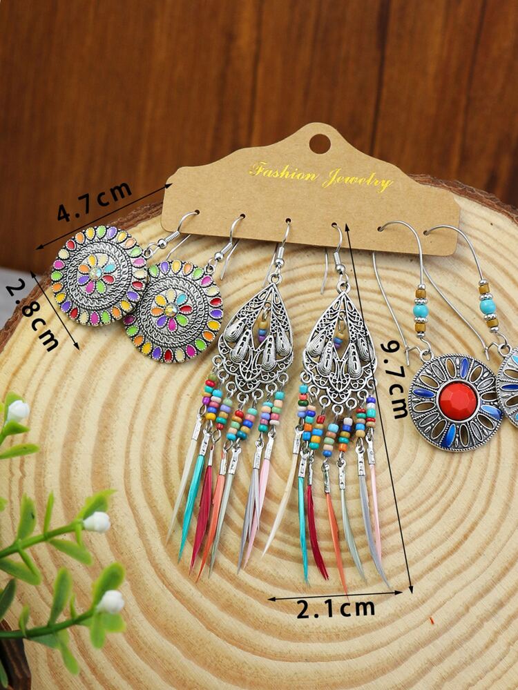 3pairs Bead Tassel Drop Earrings