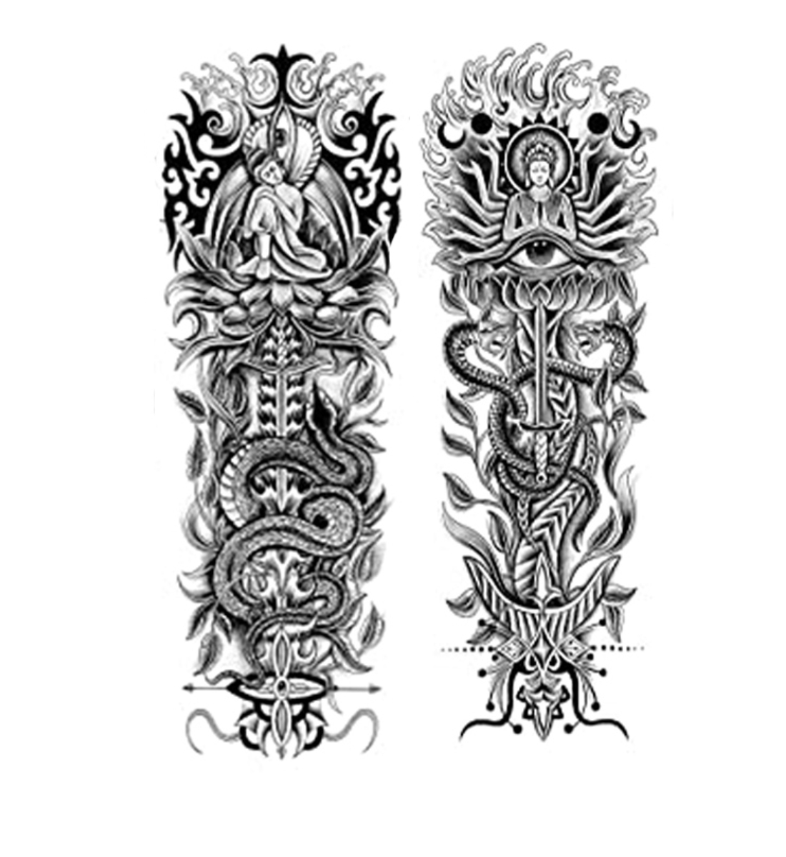 2 Sheets Large Full Arm Temporary Tattoo - Sword Snake Dragon Buddha ...