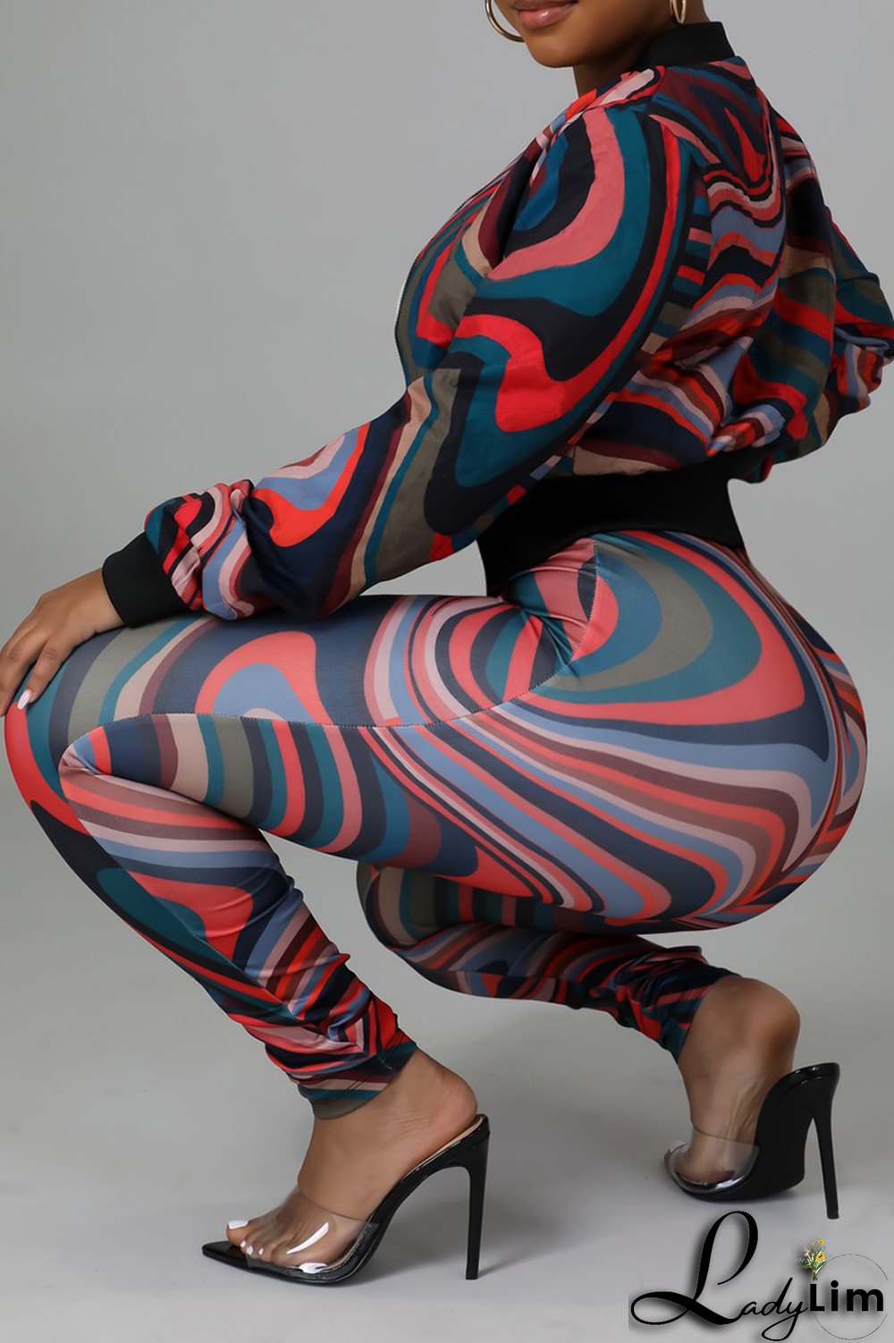 Colour Sexy Print Split Joint Zipper Collar Long Sleeve Two Pieces