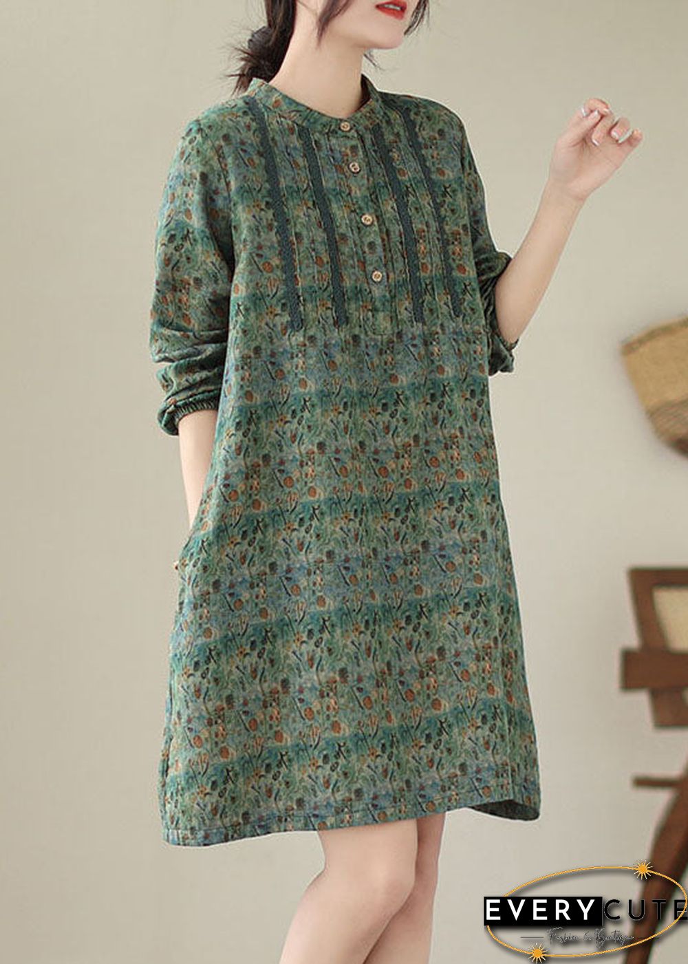 Green Patchwork Cotton Mid Shirts Dress Wrinkled Long Sleeve