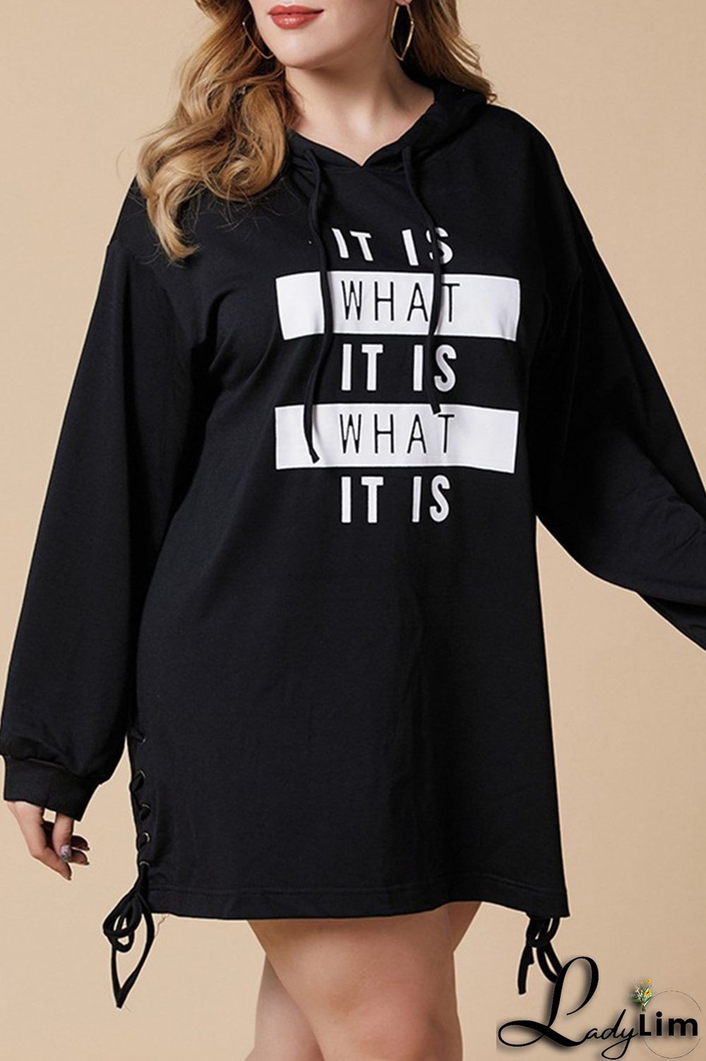 Black Fashion Casual Letter Print Frenulum Hooded Collar Long Sleeve Dresses