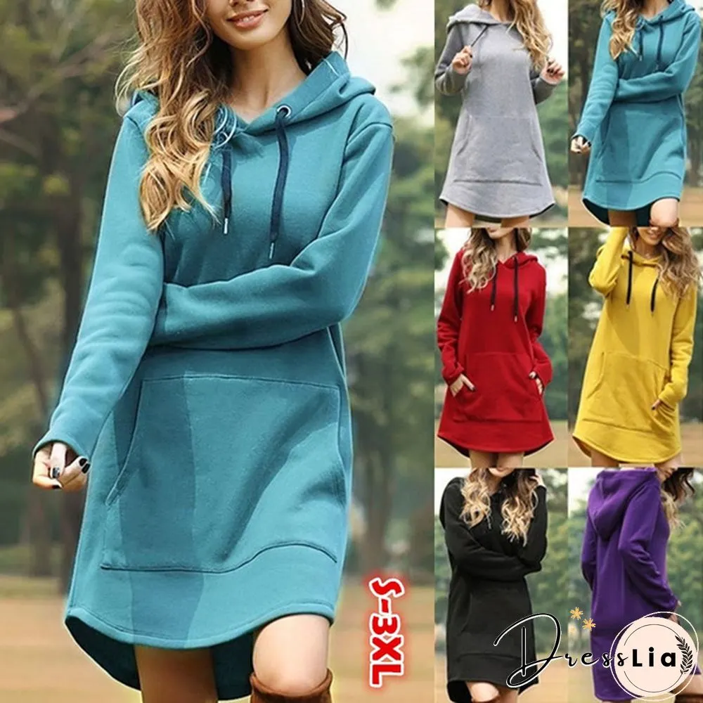 Womens Plus Size Solid Color Long Sleeve Loose Pocket Drawstring Hoodies Dress