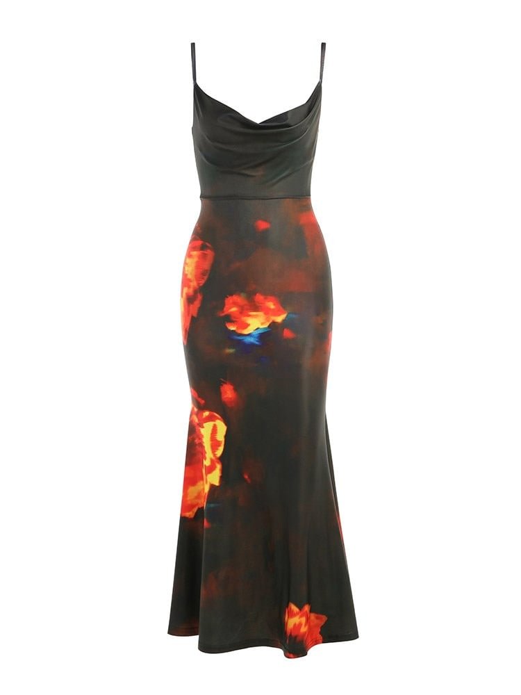 WannaThis Women Vintage Dress Fire Print Backless Elegant Sleeveless Lace Up Summer 2021 Streetwear Party Female Midi Cami Dress