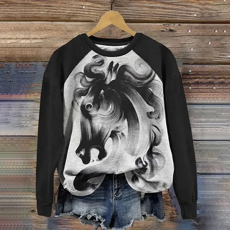 Wearshes Western Horse Print Patchwork Long Sleeve Sweatshirt