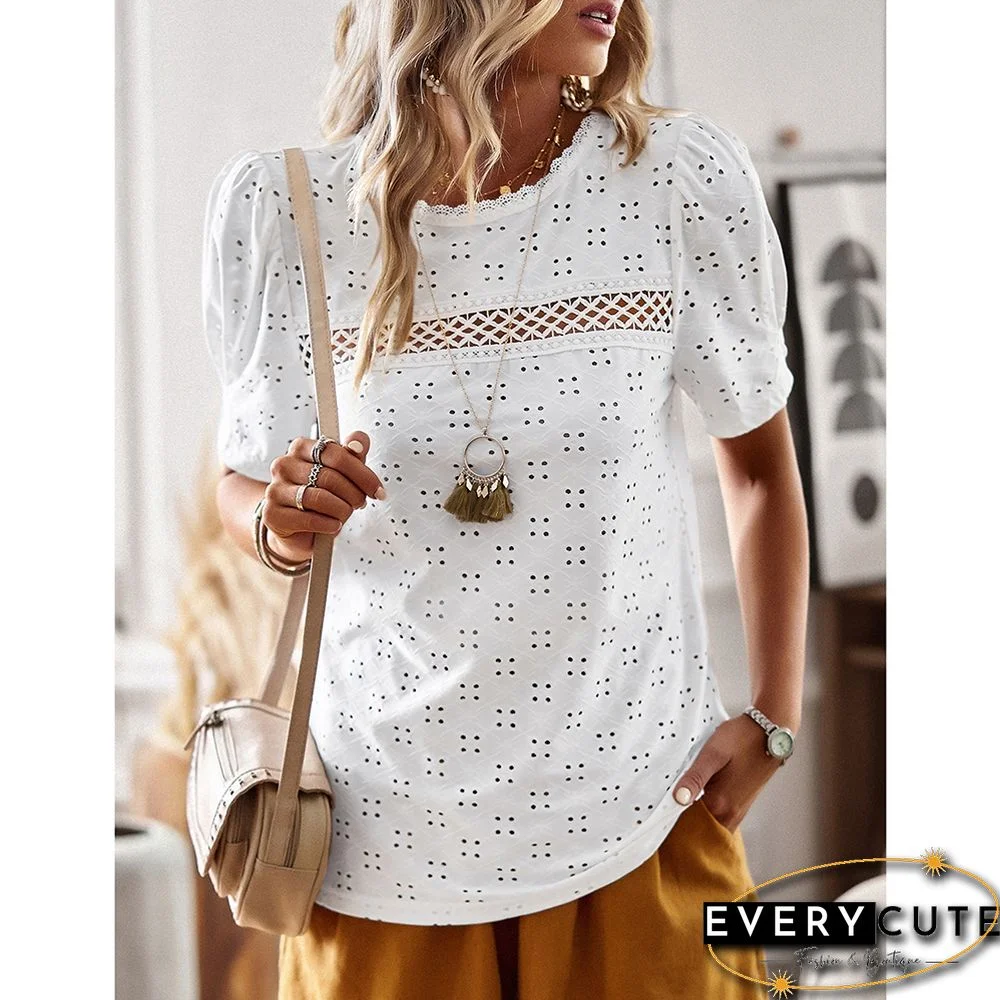 White Round Neck Hollow-out Split Top