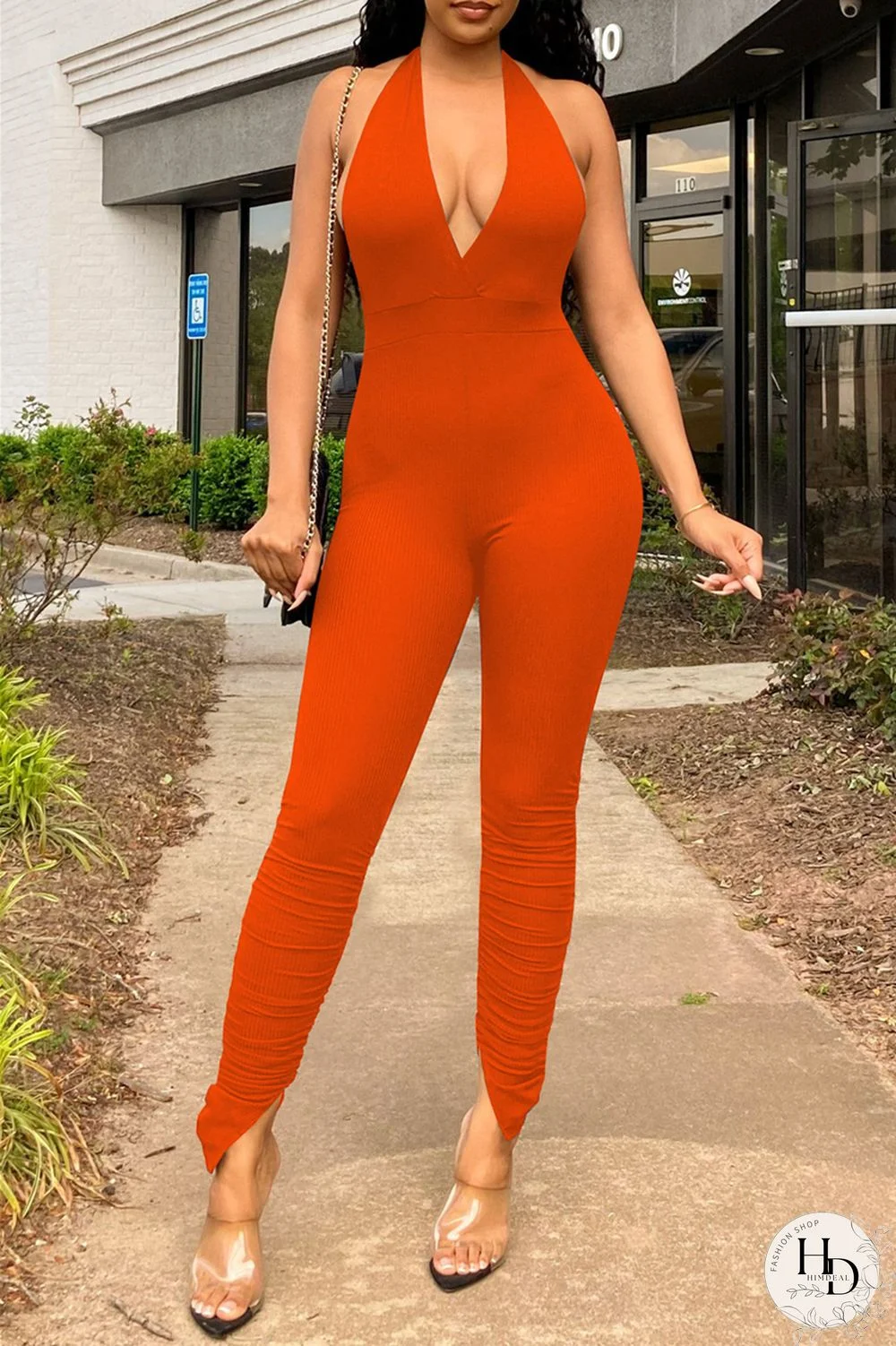 Red Sexy Casual Solid Backless Halter Skinny Jumpsuits
