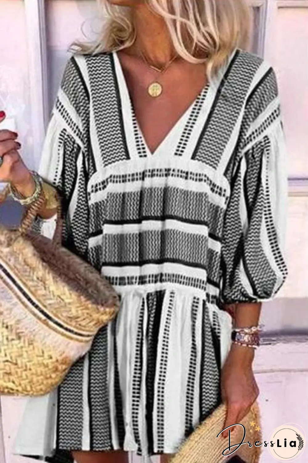 KarliDress Striped V-neck Puff Sleeve Mini Dress P12823