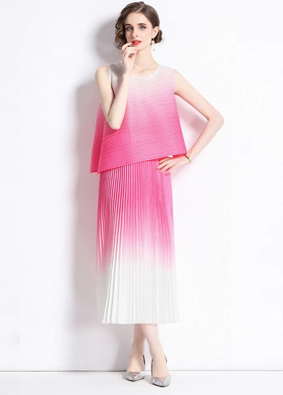 Novelty Gradient Color O Neck Wrinkled Patchwork Chiffon 2 Piece Outfit Summer