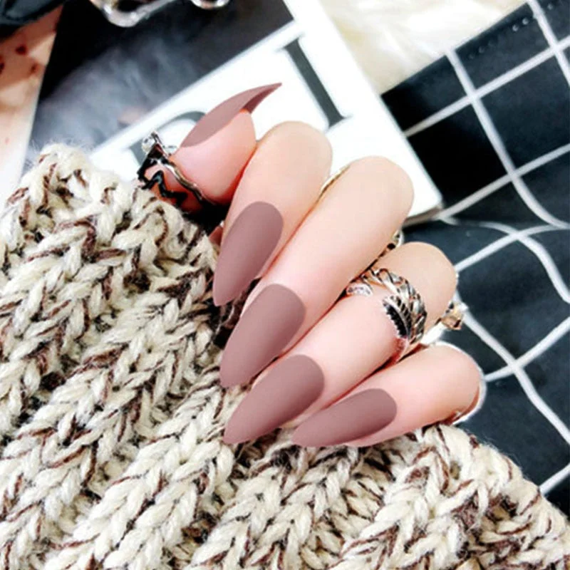 24Pcs Full Cover Pointed Head Scrub Temperament white matte false nails Wearable Stiletto Fake press on Nail with Glue for gils-Nail Inspo