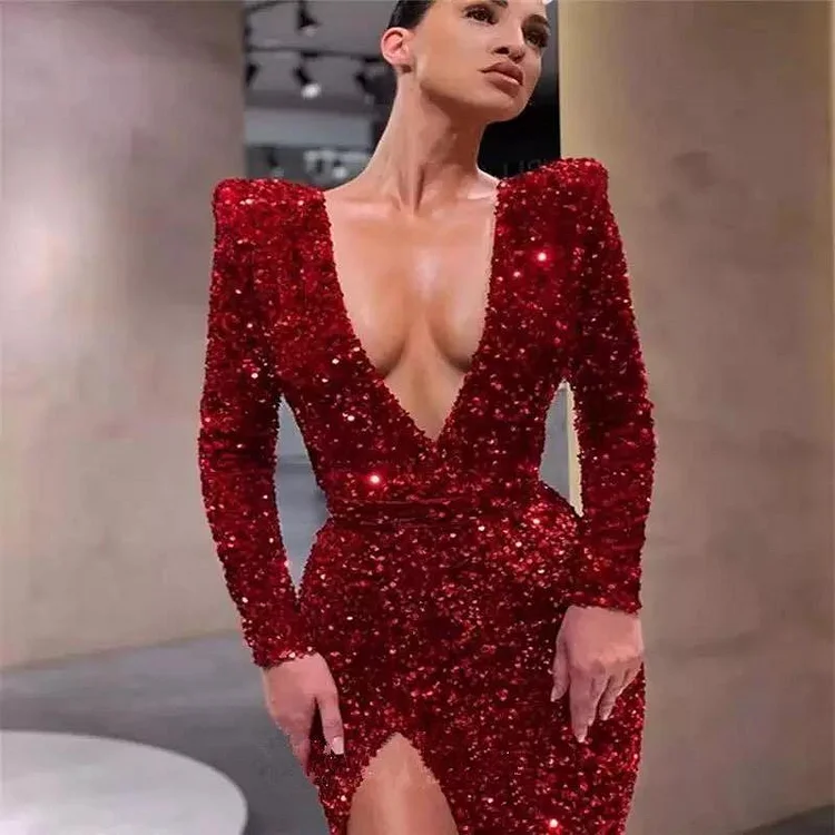 Promsstyle Promsstyle Padded shoulder sequin high split long dress Prom Dress 2023