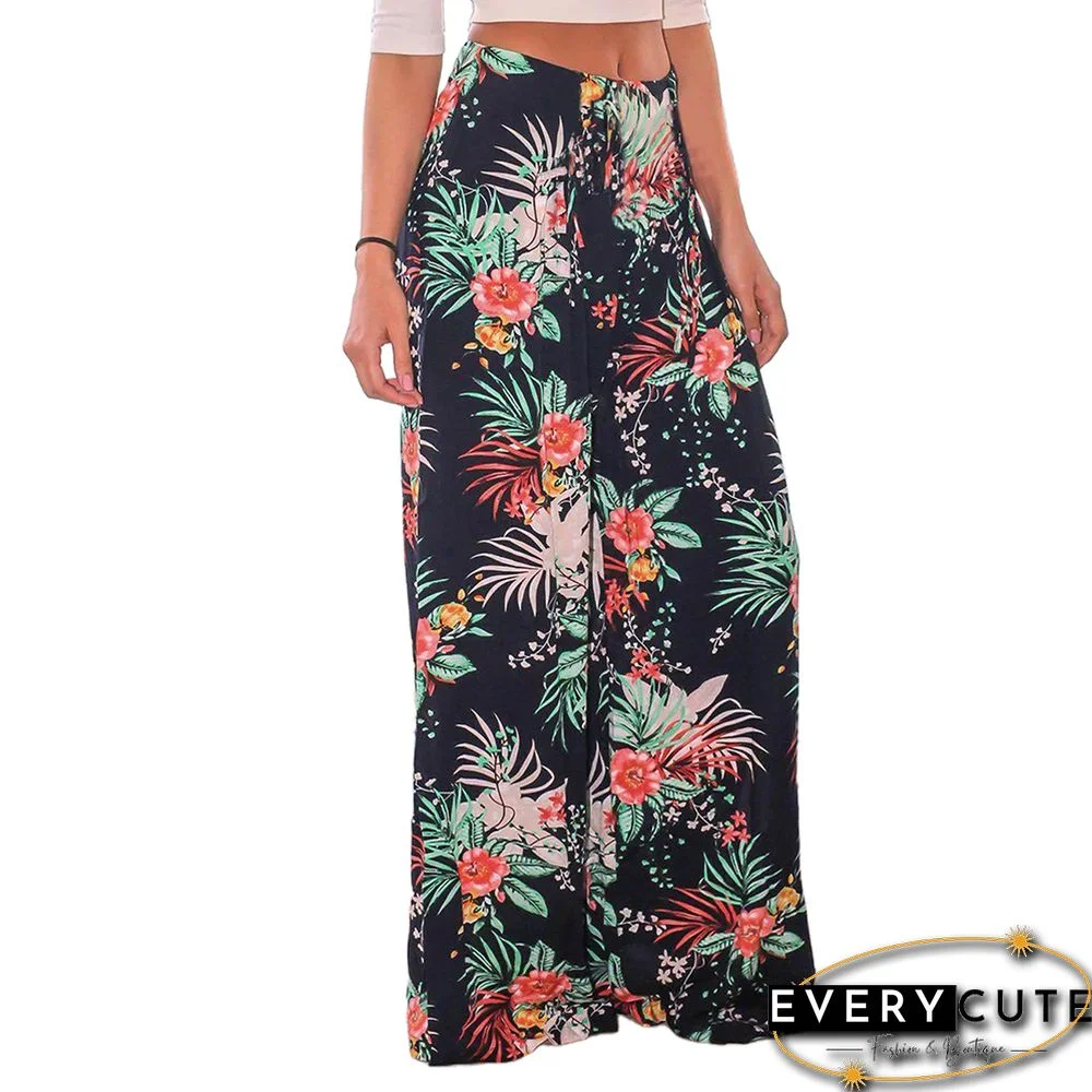 Navy Blue Lace-up Pocket Wide Leg Boho Pants