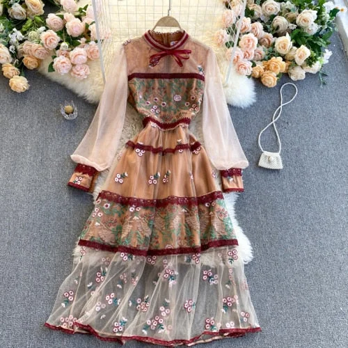 Fitaylor New Spring Autumn Women Elegant Lace Embroidery Patchwork Dress Vintage Ladies Stand Collar Floral Print Long Dress