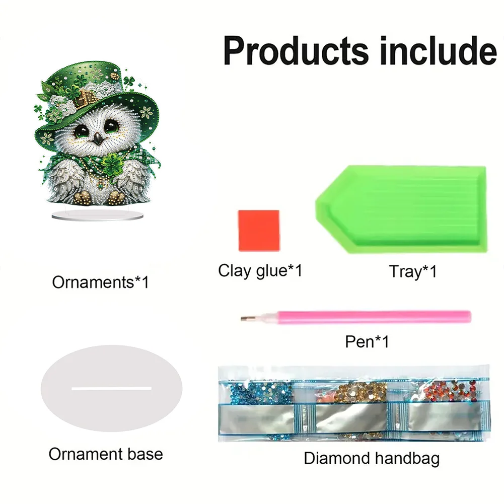 DIY Acrylic St. Patricks Day Owl Special Shape Diamond Painting Tabletop Ornament Creative Home Decor & Gift Idea for Adults - Relaxing Craft Activity