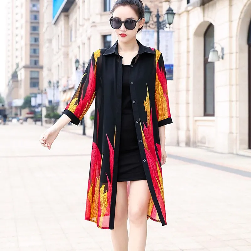 Summer Sun Protection Women Long Blouses Half Sleeve Loose Flower Print Blouse Shirts Super Thin Floral Chiffon Cardigan 9122 50