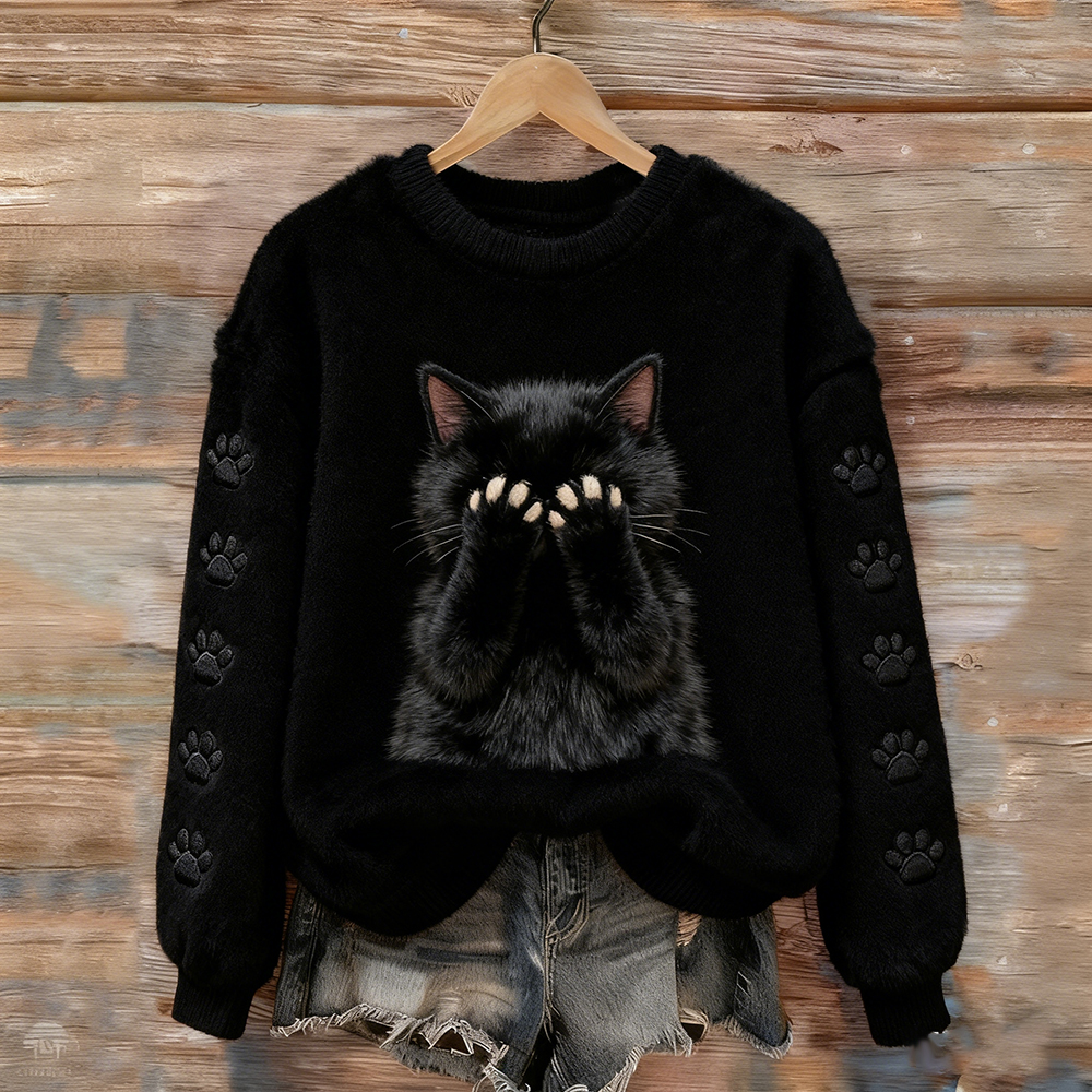 Shy Face-covering Black Cat Flannel Crewneck Sweatshirt elevenforest