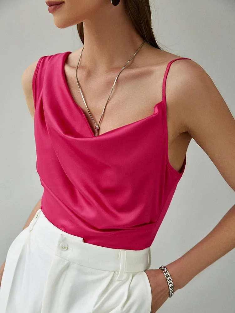 BerryGo Elegant office lady silk top pink 2022 Summer satin crop top with irregular straps Fashion zipper pure tank top women