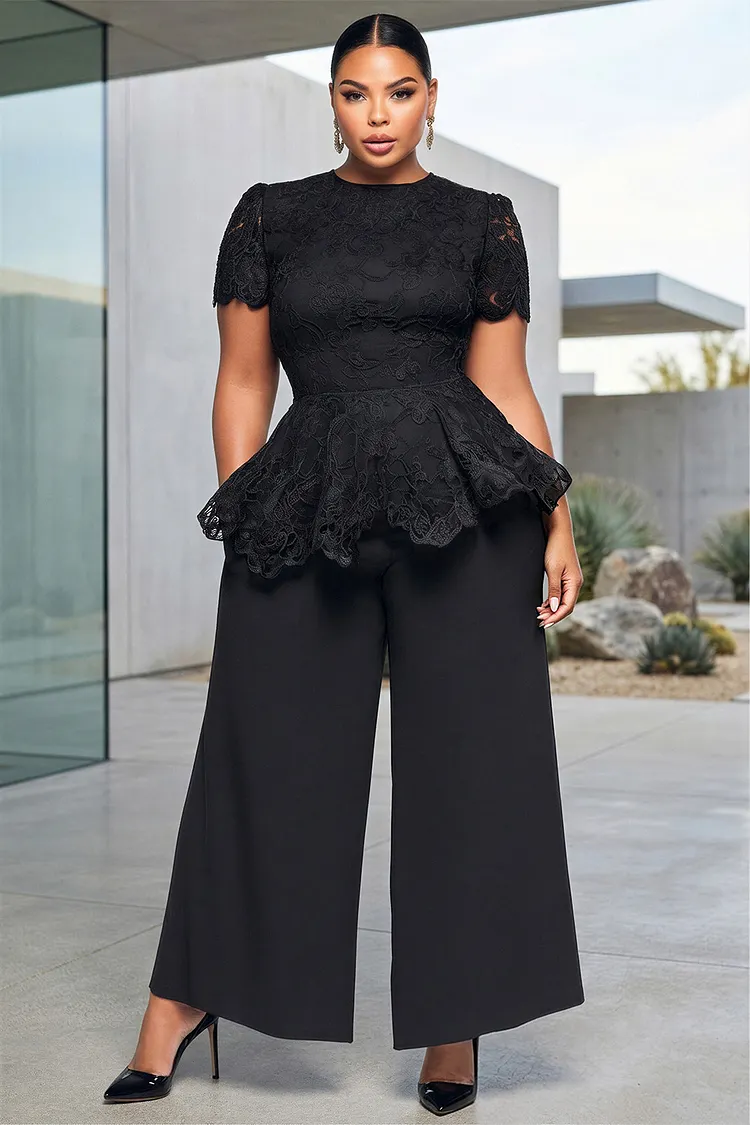 Xpluswear Design Plus Size Business Casual Black Round Neck Short Sleeve Ruffle Pocket Lace Two Piece Pant Sets [Pre-Order] 2024 - Xpluswear