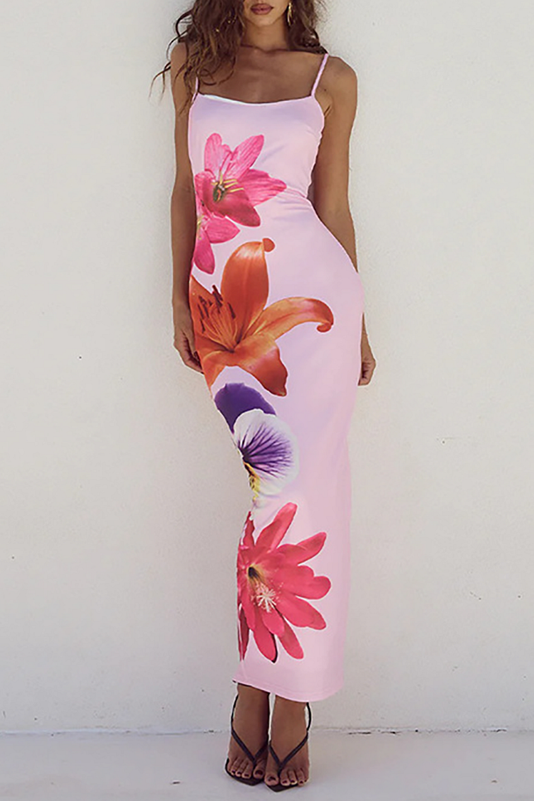 Floral Print Slim Fit Spaghetti Strap Maxi Dresses-Pink